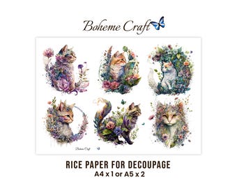 Cat Decoupage Paper, Whimsical Floral Cat Art Rice Paper Collage, A4 or A5