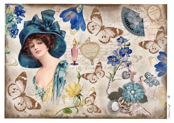 Carta di riso per decoupage, donna vintage, tessuto di gelso