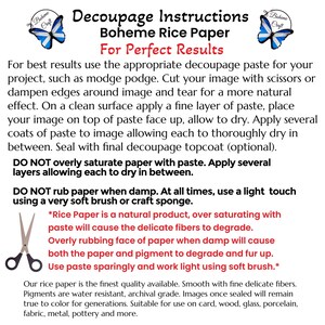 Puede incluir: Una hoja informativa blanca titulada Decoupage Instructions Boheme Rice Paper For Perfect Results. El texto proporciona orientaci&oacute;n sobre el uso de pegamento para decoupage, t&eacute;cnicas de corte y m&eacute;todos de aplicaci&oacute;n, con iconos de mariposas azules.