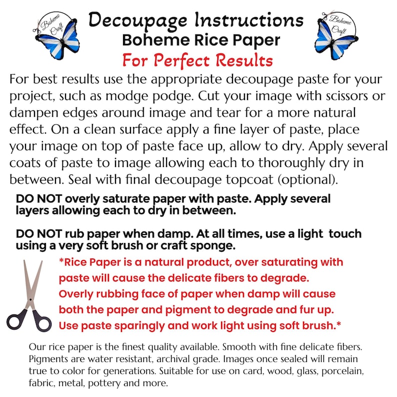 Puede incluir: Una hoja informativa blanca titulada Decoupage Instructions Boheme Rice Paper For Perfect Results. El texto proporciona orientaci&oacute;n sobre el uso de pegamento para decoupage, t&eacute;cnicas de corte y m&eacute;todos de aplicaci&oacute;n, con iconos de mariposas azules.