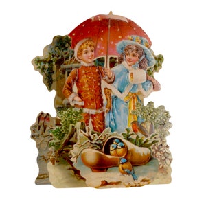 Tarjeta de Navidad troquelada 3D, niños victorianos de estilo vintage, sentimiento en blanco con sobre.