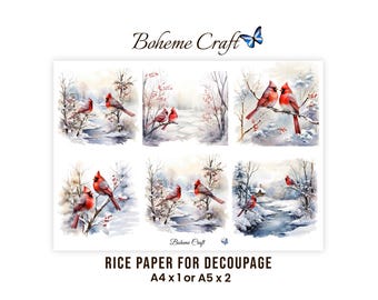 Roter Kardinalvogel-Print, Winterlandschaft auf Reispapier für Decoupage, Scrapbooking, Tagebücher (A4, A5)