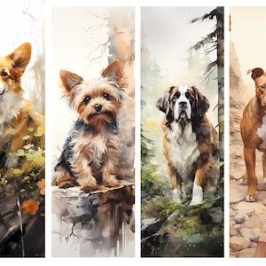 Puede incluir: Un conjunto de cuatro ilustraciones verticales en acuarela que muestran a un Corgi en un campo de flores, un Yorkshire Terrier sobre una roca, un San Bernardo en un bosque y un Pit Bull marr&oacute;n en un sendero rocoso, con trazos suaves.