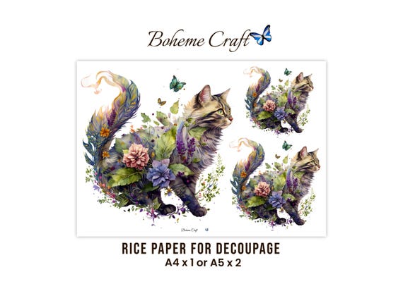Floral Cat Art Rice Paper Illustration For Decoupage, DIY Crafts, Card Making, A4 A5