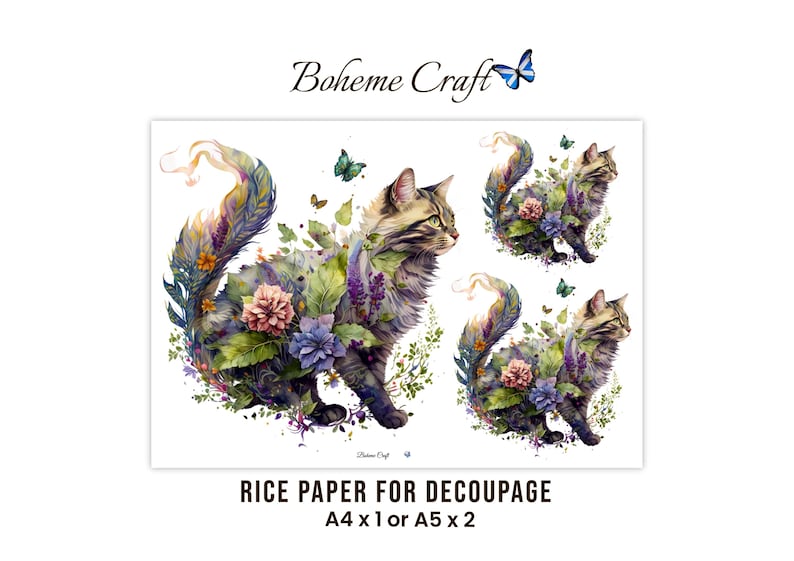 Pu&ograve; includere: Un foglio di carta di riso per decoupage con tre illustrazioni di un gatto tigrato decorato con fiori colorati, foglie verdi e farfalle. Il testo Boheme Craft appare in alto e in basso, con A4 x 1 o A5 x 2 stampato sotto.