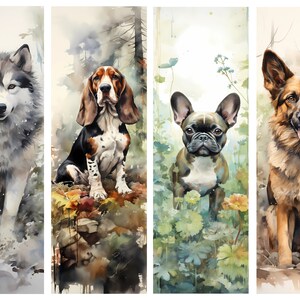May include: Four watercolor paintings of dogs in different settings. A gray and white husky stands in a snowy forest, a brown and white basset hound sits in a forest with fall leaves, a French bulldog stands in a field of green plants, and a German Shepherd sits in a forest with brown leaves.