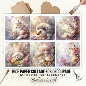 May include: A rice paper collage for decoupage featuring six square illustrations of foxes, a hedgehog, and mushrooms in soft pastel tones. Text reads: RICE PAPER COLLAGE FOR DECOUPAGE, A4 - 11 inches x 8 inches x 1 - OR - A5 8 inches x 5.5 inches x 2, Boheme Craft.