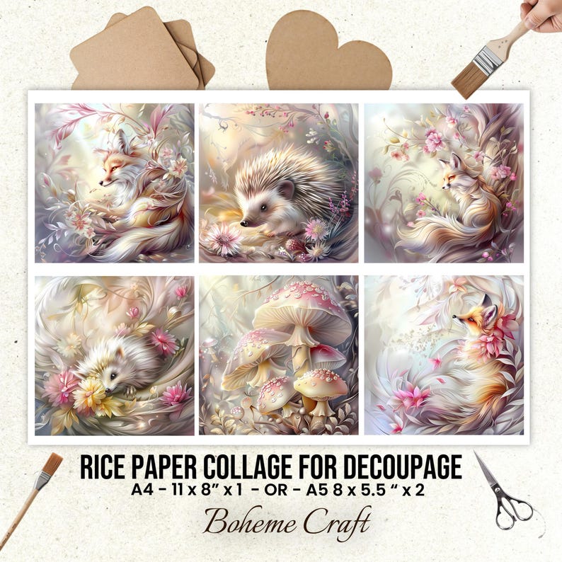 May include: A rice paper collage for decoupage featuring six square illustrations of foxes, a hedgehog, and mushrooms in soft pastel tones. Text reads: RICE PAPER COLLAGE FOR DECOUPAGE, A4 - 11 inches x 8 inches x 1 - OR - A5 8 inches x 5.5 inches x 2, Boheme Craft.