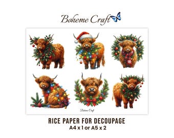 Feestelijke koeienprint van rijstpapier, Schotse hooglandkoeien kerstdecoratie, decoupage tissuepapier voor kerstknutselwerkjes, handgemaakte kaarten en doe-het-zelf feestelijke decoraties A4/A5