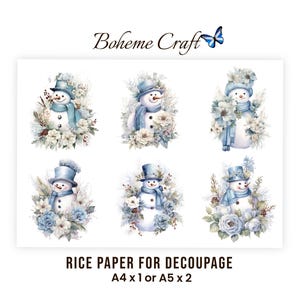 Può includere: Un foglio di carta di riso per decoupage con sei distinte illustrazioni di pupazzi di neve con cappelli e sciarpe blu, circondati da composizioni floreali bianche e blu. Il testo Boheme Craft, Rice Paper for Decoupage, A4 x 1 o A5 x 2 è visibile.