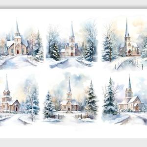 Carta di riso con scena invernale innevata della chiesa del villaggio per collage decoupage, scrapbooking, creazione di biglietti, artigianato decorativo in carta
