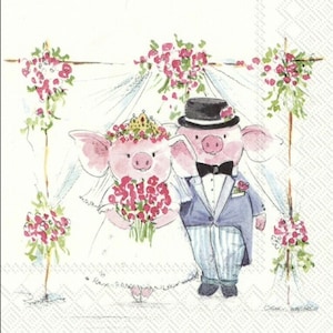 4 servilletas de papel para decoupage recién casados, servilleta de cerdo de dibujos animados, collage de papel decorativo de tejido de cerdito de 3 capas