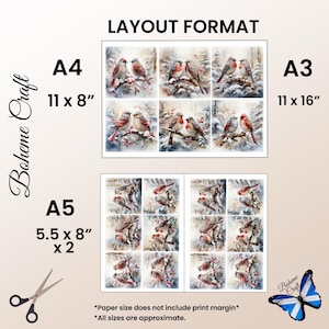 May include: A digital layout format sheet featuring multiple illustrations of pairs of birds perched on snowy branches with red berries. The text includes Boheme Craft, A4 11 x 8 inches, A3 11 x 16 inches, A5 5.5 x 8 inches x 2, and Paper size does not include print margin and All sizes are approximate.