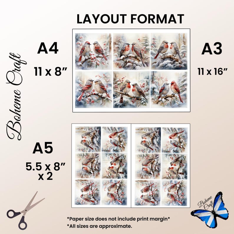 May include: A digital layout format sheet featuring multiple illustrations of pairs of birds perched on snowy branches with red berries. The text includes Boheme Craft, A4 11 x 8 inches, A3 11 x 16 inches, A5 5.5 x 8 inches x 2, and Paper size does not include print margin and All sizes are approximate.