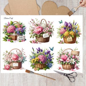 Reispapier für Decoupage, Frühlingsblumenkorb Collage Sheet, Oster Abziehbilder, Kartenherstellungscollage, dekoratives Papierhandwerk,