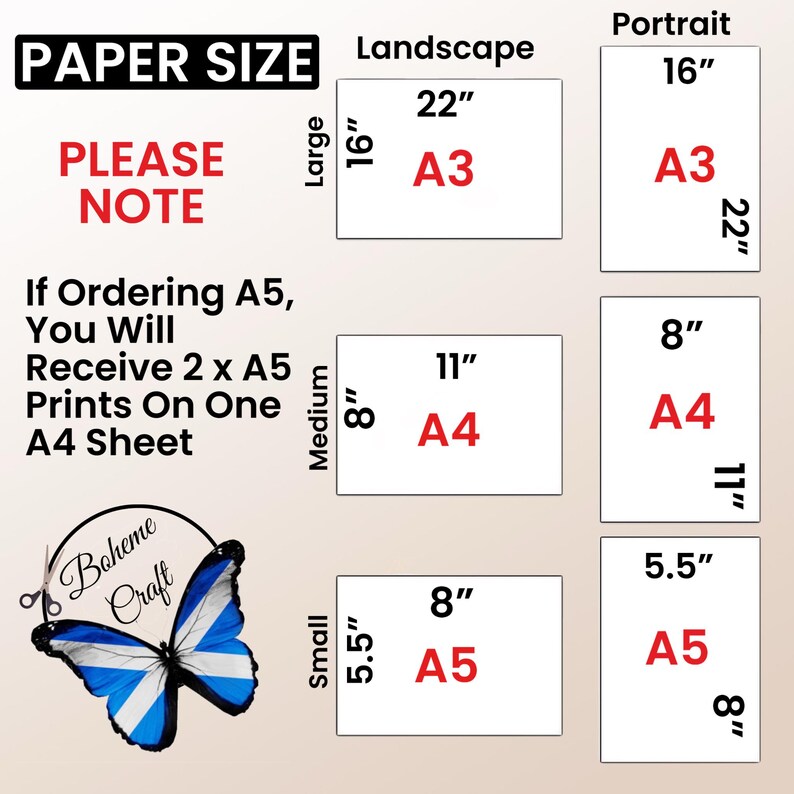 May include: A graphic showing paper sizes, including A3, A4, and A5, in both landscape and portrait orientations. Measurements are in inches. The text "PLEASE NOTE" is prominent, with details about A5 print arrangements. A butterfly logo is also present.