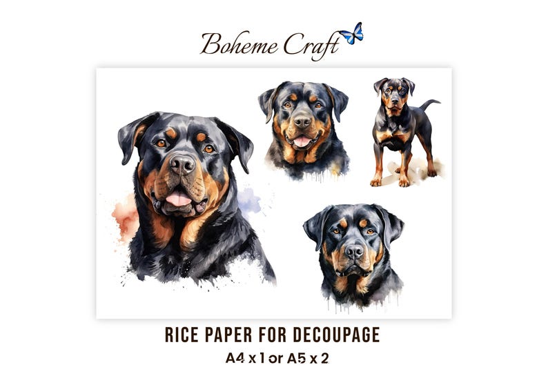 May include: A sheet of rice paper for decoupage featuring watercolor illustrations of Rottweiler dogs. The text Boheme Craft with a blue butterfly icon appears at the top, and the text RICE PAPER FOR DECOUPAGE A4 x 1 or A5 x 2 at the bottom.