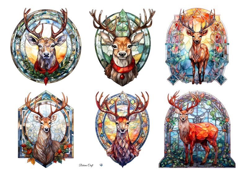 Stag Collage Christmas Stained Glass Stag Rice Paper for Decoupage: Festive Collage ...