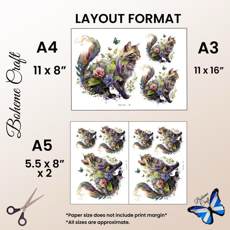 Pu&ograve; includere: Una guida al formato di layout per Boheme Craft con illustrazioni di gatti e fiori. Il foglio mostra le dimensioni A4 29,7 x 21 cm, A3 29,7 x 42 cm e A5 14,8 x 21 cm. La grafica mostra un gatto circondato da fiori viola e rosa e foglie verdi.