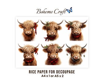 Op de afbeelding: Een vel rijstpapier voor decoupage met zes illustraties van Schotse Hooglander-koppen met hoorns, sommige met rood geruite sjaals of versierd met hulsttakjes. De tekst luidt Boheme Craft, Rice Paper for Decoupage, A4 x 1 of A5 x 2.