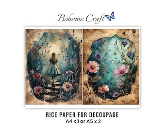 Puede incluir: Dos hojas de papel de arroz para decoupage con ilustraciones florales y de fantasía. La hoja izquierda muestra a una persona caminando hacia una luna, la derecha flores cosmos rosas y moradas. El texto dice Boheme Craft.