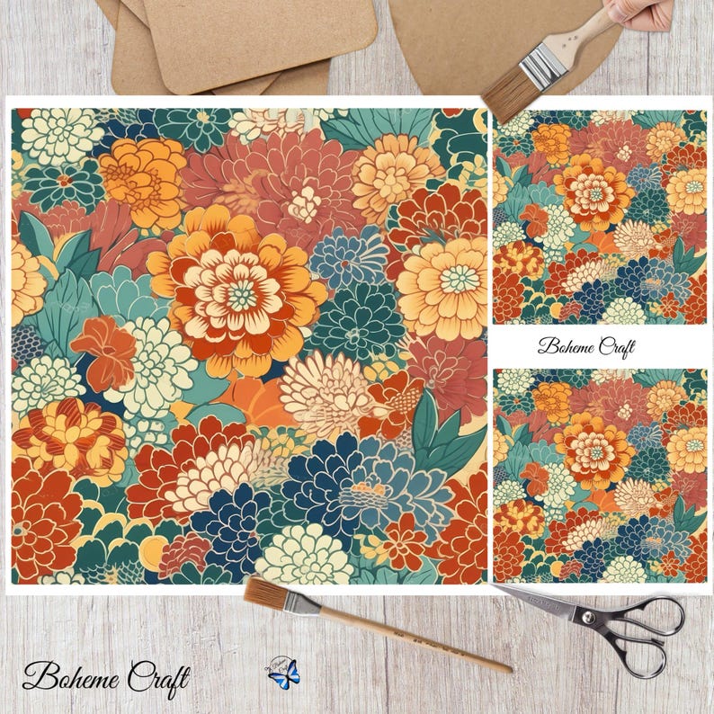 May include: A repeating floral pattern featuring dense clusters of chrysanthemums in shades of orange, deep red, teal, and cream. The design includes the text Boheme Craft. The image displays the pattern layout alongside a paintbrush and scissors.