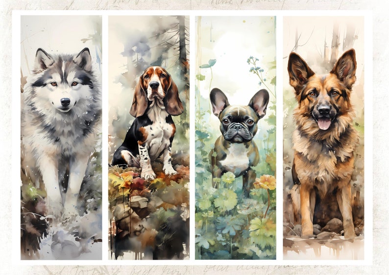 May include: A watercolor painting of four dogs in different poses. The dogs are a husky, a basset hound, a French bulldog, and a German shepherd. The painting is set against a backdrop of a forest and a field.