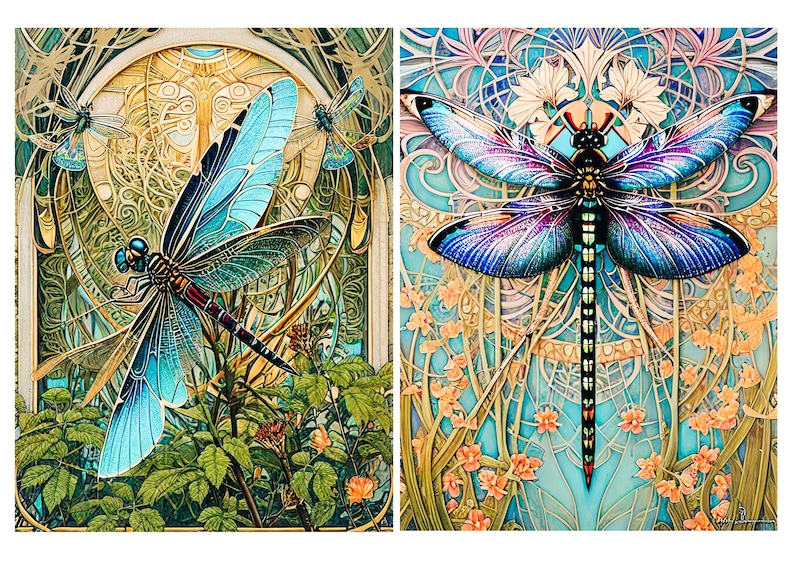 May include: Two side-by-side illustrations featuring dragonflies with iridescent blue and purple wings. The left image shows a dragonfly over green foliage, while the right image displays a centered dragonfly against a background of pale flowers.