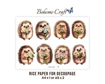 Decoupage Paper: Woodland Creature Botanical Collage,Hedgehog Nursery Decor Rice Paper