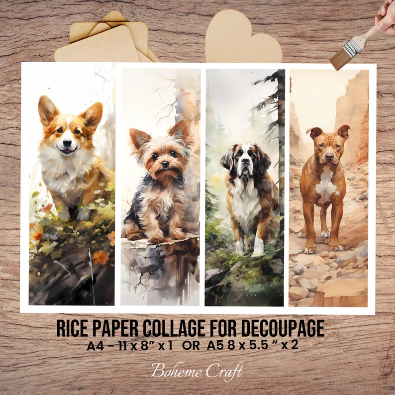 Papel de arroz con estampado de razas de perros para decoupage, hoja de collage tamaño A4/A5 imagen 4