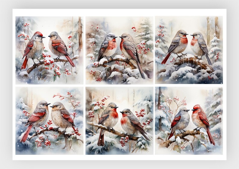 May include: A collection of six watercolor illustrations featuring pairs of small birds perched on snowy branches with red berries. Each scene depicts birds with grey and red plumage in a winter forest setting with soft white snow and pine trees.