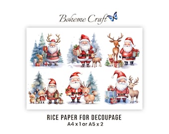 Watercolor Christmas Art, Whimsical Santa Claus And Reindeer Rice Paper For Decoupage, Crafts
