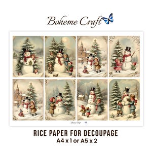 Może przedstawiać: Arkusz papieru ryżowego do decoupage z ośmioma różnymi ilustracjami w stylu vintage przedstawiającymi bałwany z dziećmi w zaśnieżonych krajobrazach, z napisem Boheme Craft. Tekst na dole brzmi RICE PAPER FOR DECOUPAGE A4 x 1 or A5 x 2.