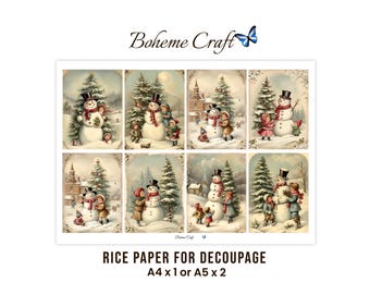 Traditional Christmas Snowman Decoupage Paper, Victorian Children Winter Wonderland Scenes, DIY Crafts, Decorations, Journals
