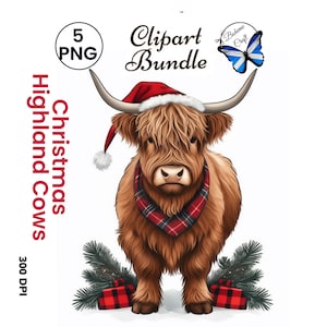 Christmas Highland Cow Printable PNG Clip Art Images For Decoupage, Junk Journals, Card Making, Scrapbooking And Decorative Paper Crafts