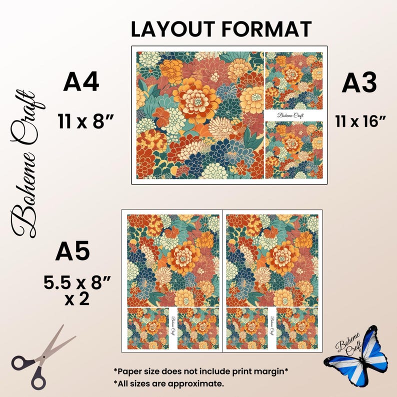May include: A layout format guide for Boheme Craft featuring floral patterns in orange, blue, and cream. It displays A4 (11 x 8 inches), A3 (11 x 16 inches), and A5 (5.5 x 8 inches) sizes with scissors and a butterfly graphic on a light background.