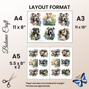 May include: A layout format sheet featuring watercolour illustrations of pit bull dogs surrounded by colourful flowers. The text includes Boheme Craft, A4 29.7 x 21 cm, A3 29.7 x 42 cm, and A5 14.8 x 21 cm x 2. A pair of scissors and a butterfly graphic are visible.