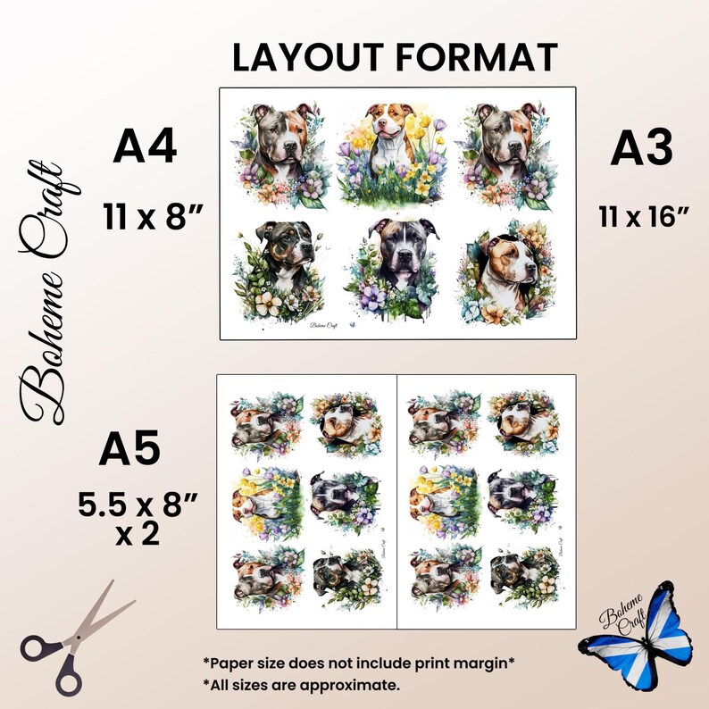 May include: A layout format sheet featuring watercolour illustrations of pit bull dogs surrounded by colourful flowers. The text includes Boheme Craft, A4 29.7 x 21 cm, A3 29.7 x 42 cm, and A5 14.8 x 21 cm x 2. A pair of scissors and a butterfly graphic are visible.
