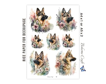 Dog Decoupage Rice Paper, German Shepherd Botanical Art Print, Paper Crafts, Scrapbook Journal Ephemera