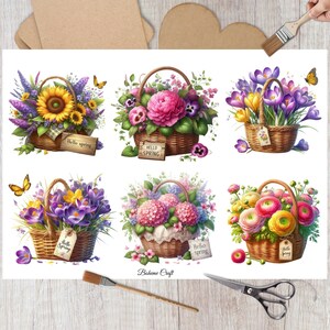 Feuille de collage pour panier de fleurs printanières, Papier de riz pour découpage, Collage pour fabrication de cartes, Loisirs créatifs en papier, Techniques mixtes, DIY déco
