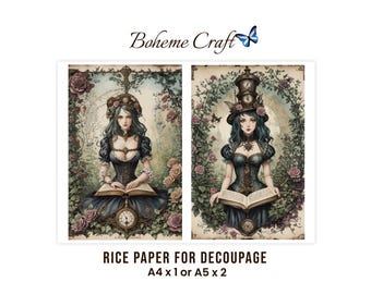 Puede incluir: Dos hojas de papel de arroz para decoupage con ilustraciones de una persona de cabello oscuro con vestido oscuro y sombrero con diseño de reloj, rodeada de rosas y vegetación, sosteniendo un libro abierto. Texto: Boheme Craft, Rice Paper for Decoupage, A4 x 1 o A5 x 2.