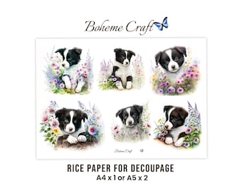 Dog Rice Paper Sheet: Collie Sheepdog Wildflower Meadow Collage Decoupage Paper,Journalling,Scrapbooking,A4/A5