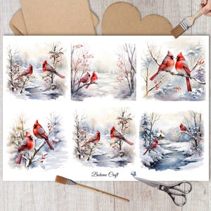 Papier de riz avec scène de neige cardinale rouge pour découpage, collage d'oiseaux d'hiver, travaux manuels décoratifs en papier, journaux indésirables, fabrication de cartes