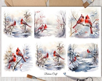 Red Cardinal Snow Scene Rice Paper: Winter Bird Decoupage