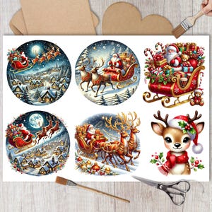 Papier de riz de Noël vintage pour découpage, collage père Noël sur renne, éphémères festifs de scrapbooking, fabrication de cartes, journaux, décoration DIY