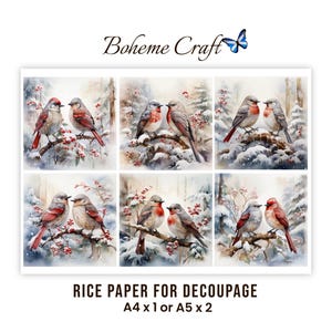 May include: A sheet of rice paper for decoupage featuring six distinct watercolor illustrations of pairs of birds perched on snowy branches with red berries. The text Boheme Craft with a butterfly icon appears above, and Rice Paper for Decoupage A4 x 1 or A5 x 2 below.
