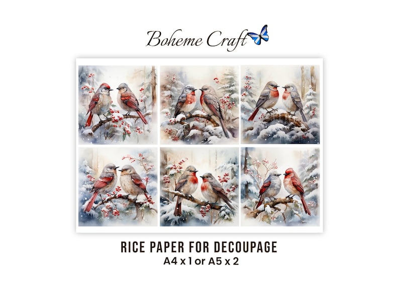 May include: A sheet of rice paper for decoupage featuring six distinct watercolor illustrations of pairs of birds perched on snowy branches with red berries. The text Boheme Craft with a butterfly icon appears above, and Rice Paper for Decoupage A4 x 1 or A5 x 2 below.