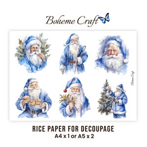 Könnte beinhalten: Ein Blatt Reispapier für Decoupage mit sechs Aquarellillustrationen vom Weihnachtsmann in blauen Mänteln und Mützen. Der Text Boheme Craft steht oben, mit Rice Paper for Decoupage A4 x 1 oder A5 x 2 am unteren Rand gedruckt.
