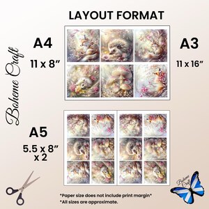 May include: A digital layout format guide for Boheme Craft featuring two sets of six square illustrations depicting foxes, hedgehogs, and mushrooms in soft floral tones. Text includes A4 11 x 8 inches, A3 11 x 16 inches, and A5 5.5 x 8 inches x 2.