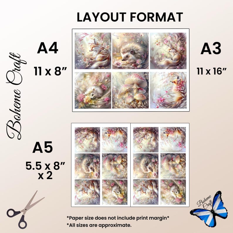 May include: A digital layout format guide for Boheme Craft featuring two sets of six square illustrations depicting foxes, hedgehogs, and mushrooms in soft floral tones. Text includes A4 11 x 8 inches, A3 11 x 16 inches, and A5 5.5 x 8 inches x 2.